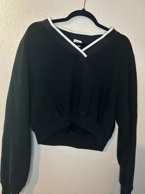 PINK Victoria's Secret Black Cropped V-Neck Sweatshirt with White Trim
